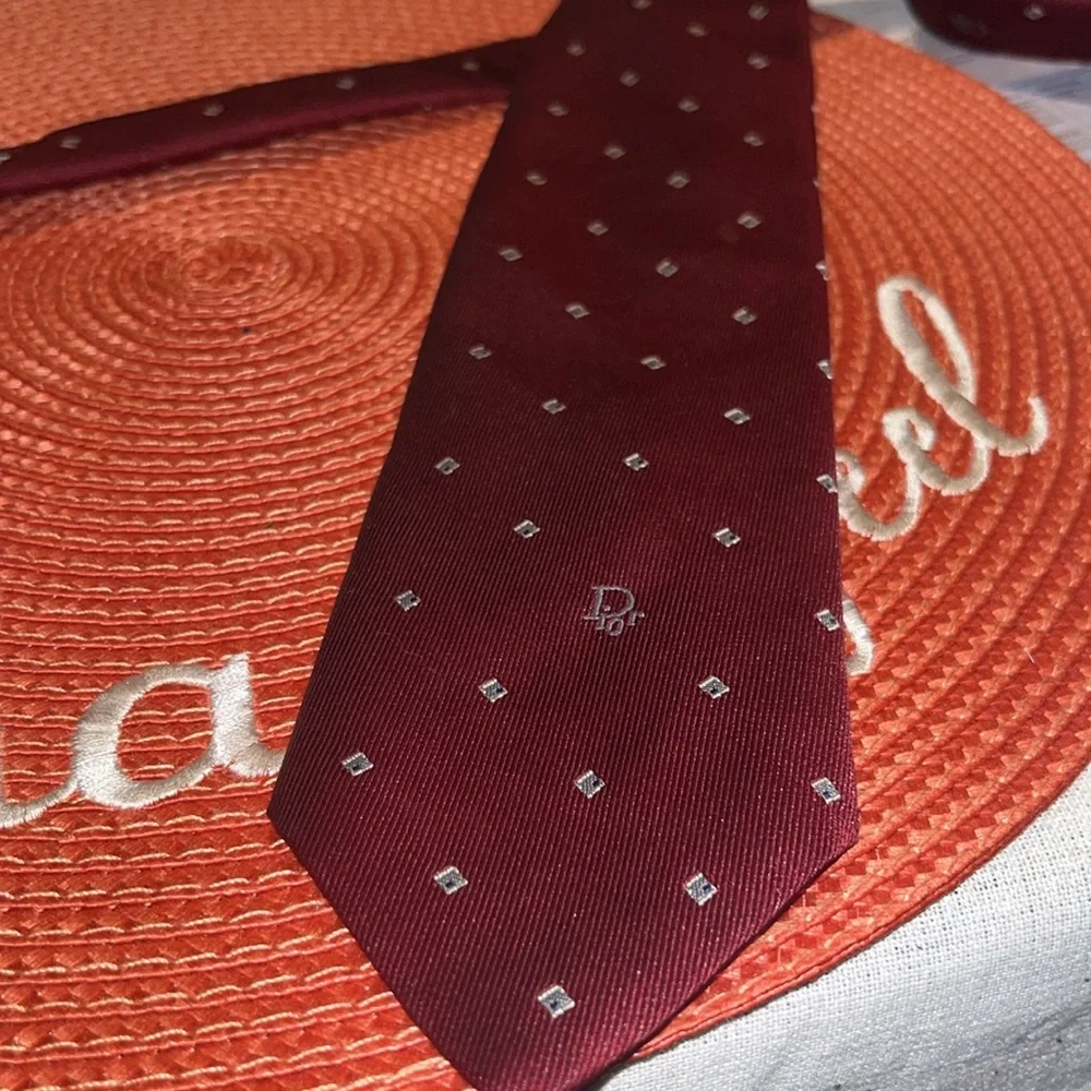 Vintage Christian Dior Silk Blend Necktie Red, Gold & Blue Diamond Polka Dot EUC